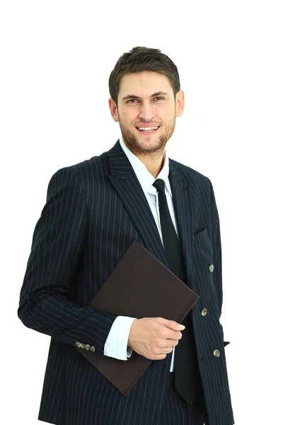 Gelukkig zakenman staande op zoek op camera, glimlachend. Geïsoleerd op witte achtergrond. — Stockfoto