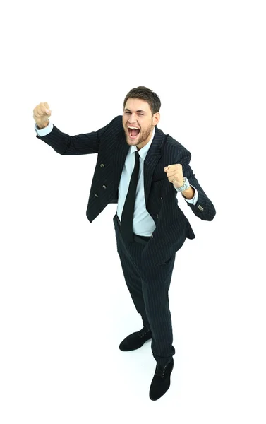 Happy businessman isolated on white with arms outstretched — Stock Photo, Image