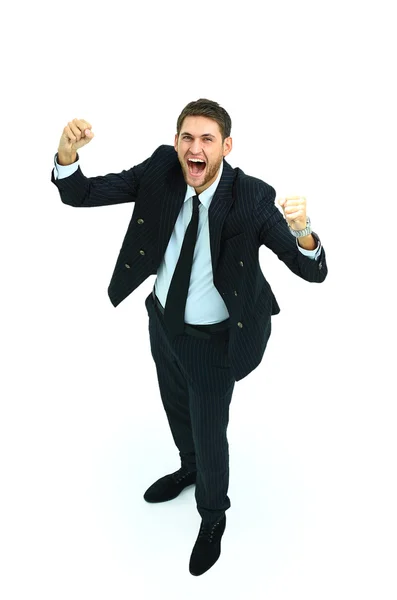 Happy businessman isolated on white with arms outstretched — Stock Photo, Image