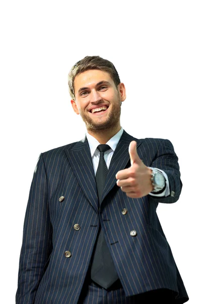 Homem de negócios feliz indo polegares para cima, isolado em branco — Fotografia de Stock