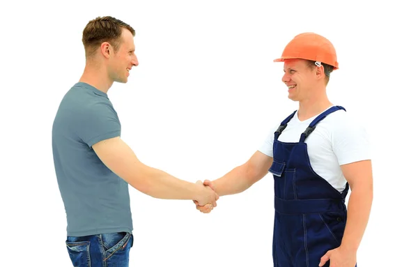 Cliente apertando as mãos com construtor — Fotografia de Stock