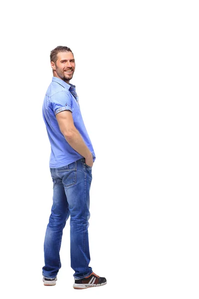 Retrato do jovem sorrindo virou homem isolado em um ba branco — Fotografia de Stock