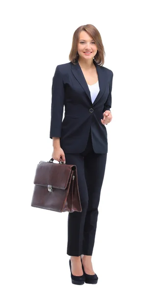 Portrait of businesswoman handing suitcase, isolated on white — Stock Photo, Image