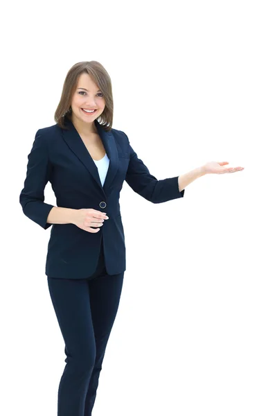 Smiling businesswoman showing open hand palm with copy space for — Stock Photo, Image