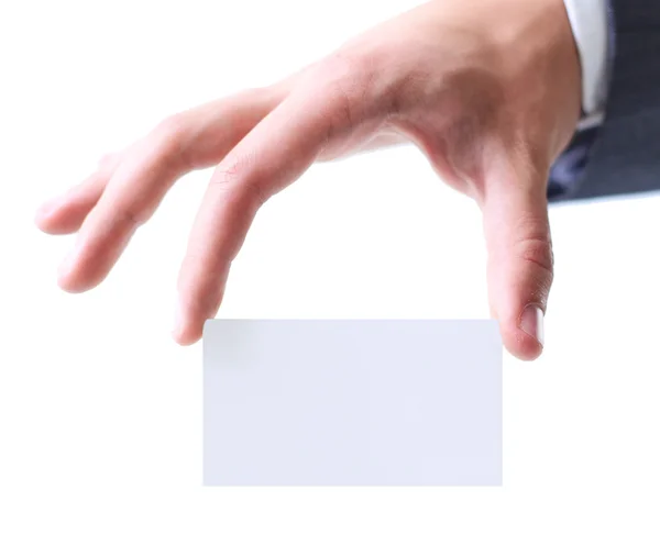 Männerhand hält Visitenkarte zwischen zwei Fingern. — Stockfoto
