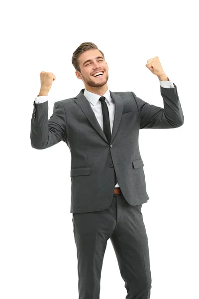 Afortunado hombre de negocios guapo celebrando. Ganador riendo hombre —  Fotos de Stock