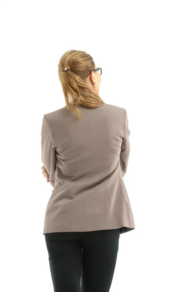 Business woman stand back side with white wall background — Stock Photo, Image