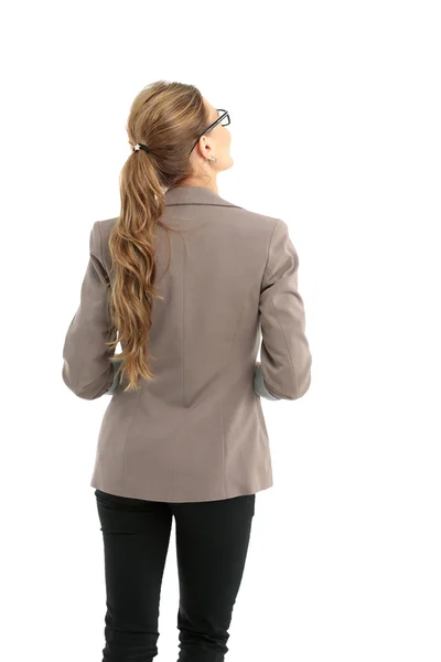 Lato posteriore a tutta lunghezza della donna d'affari, isolato su bianco . — Foto Stock