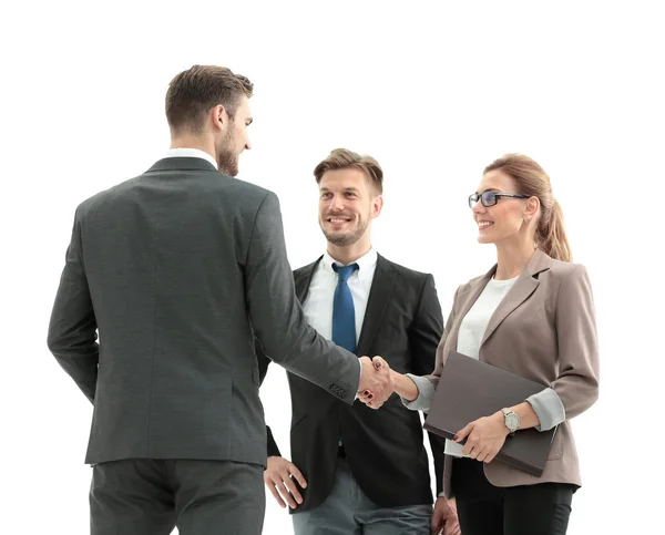 Des hommes d'affaires serrant la main lors d'une réunion — Photo