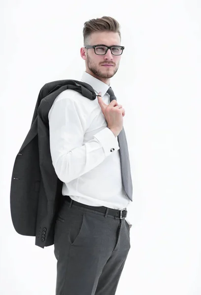 Vista lateral .confident homem de negócios com uma jaqueta sobre seu ombro. — Fotografia de Stock