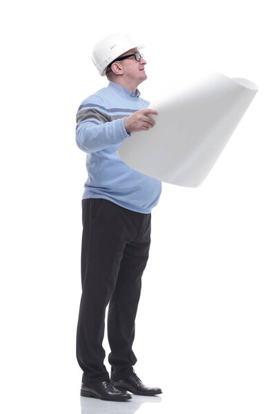 side view. smiling man reading the drawing