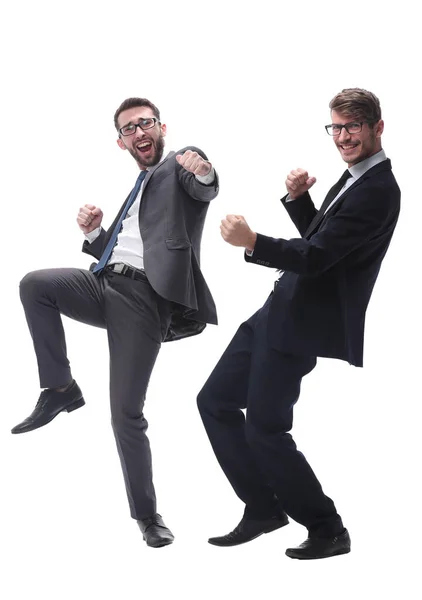En pleno crecimiento. dos jóvenes hombres de negocios bailando felices — Foto de Stock