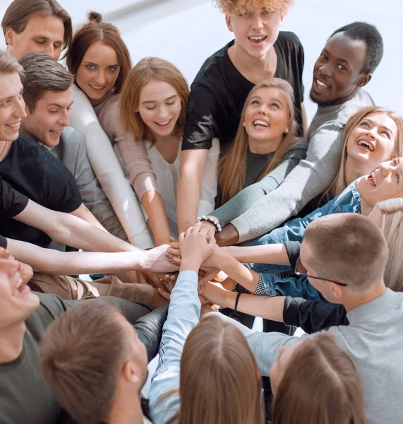 Bir grup farklı insan ellerini daire şeklinde birleştiriyor..