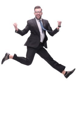 Tam gelişim. Mutlu dans eden genç iş adamı