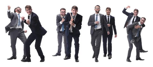 Uśmiechnięty biznesmen siedzący na plecach kolegi — Zdjęcie stockowe