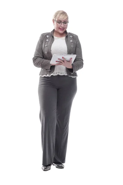 Donna d'affari con un tablet digitale. isolato su un bianco — Foto Stock