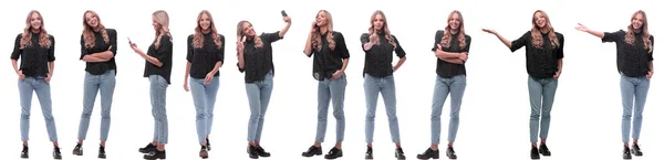 Fotografi collage av en modern ung kvinna med en smartphone — Stockfoto