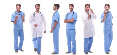 Tıp doktorlarından oluşan panoramik kolaj grubu. beyaz üzerine izole