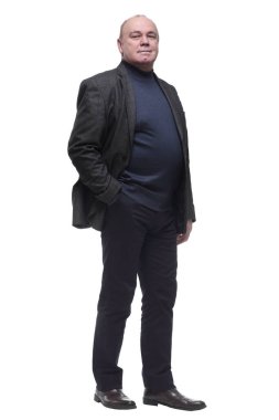 Tam boy. Takım elbiseli son sınıf öğrencisi..