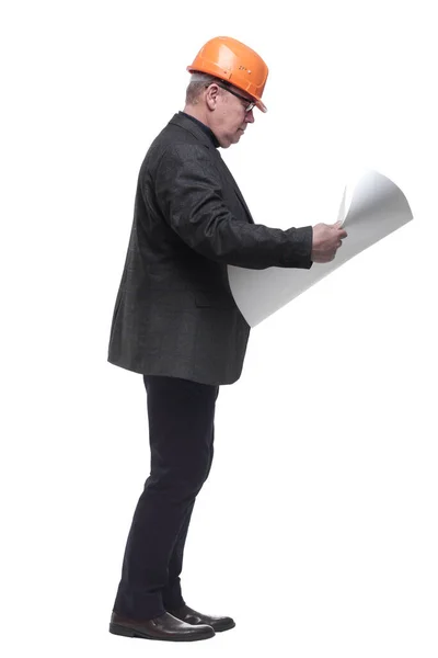 Side view. senior architect reading the drawing — Stock Photo, Image