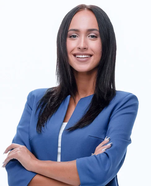 Retrato de joven feliz mujer de negocios sonriente, aislado en blanco — Foto de Stock