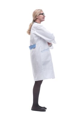 Yan görünüş. Dost canlısı bayan doktor dört gözle bekliyor