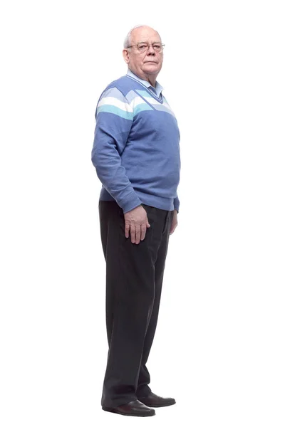 Side view. senior man in a jumper looking at a white screen — Stock Photo, Image