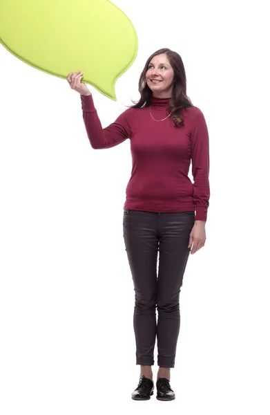 Em pleno crescimento. sorrindo mulher casual com uma bolha de texto — Fotografia de Stock