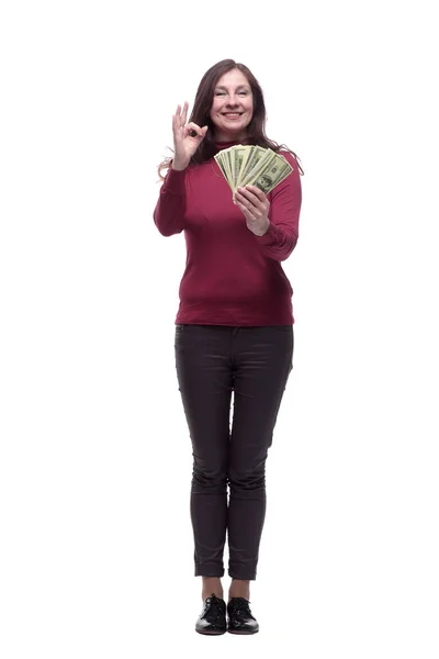 V plném růstu. šťastná mladá žena s bankovkami — Stock fotografie