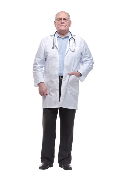 In full growth. experienced doctor with a stethoscope — Stock Photo, Image