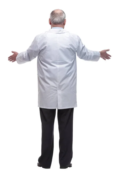 Οπίσθια όψη. ιατρός που διαβάζει μια διαφήμιση σε λευκή οθόνη — Φωτογραφία Αρχείου