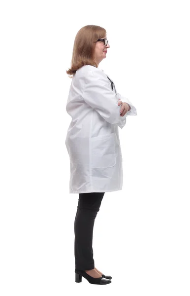 Side view. serious female medic looking at a white screen Royalty Free Stock Photos