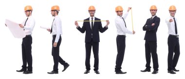 Tam gelişim içinde. Becerikli mühendis mimar beyaza izole edilmiş.