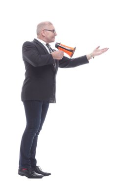 Tam gelişim. Elinde megafonla gülümseyen bir iş adamı.