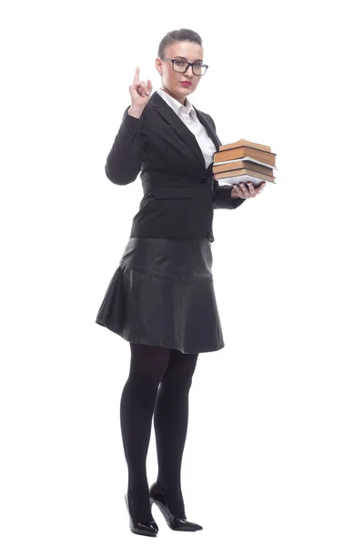 En pleine croissance. une femme d'affaires souriante avec une pile de livres — Photo