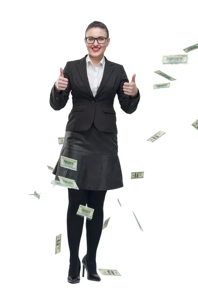 Em pleno crescimento. mulher de negócios feliz de pé entre notas de dólar. — Fotografia de Stock