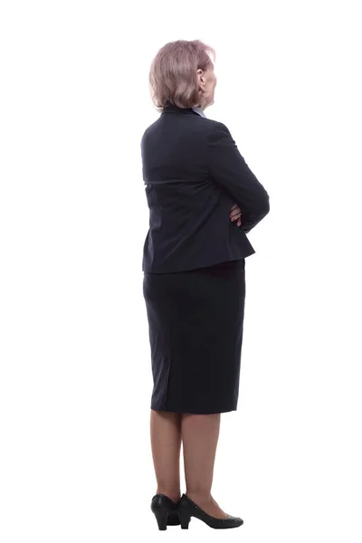 Senior business lady reading an ad on a white screen. isolated on a white — Stock Photo, Image