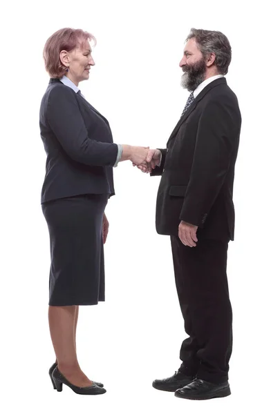Empresário e mulher de negócios apertando as mãos uns com os outros. — Fotografia de Stock