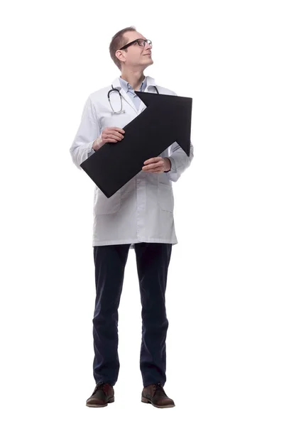 Ειδικευμένος γιατρός που δείχνει προς τη σωστή κατεύθυνση. απομονωμένο σε λευκό — Φωτογραφία Αρχείου