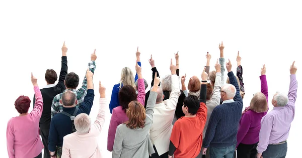 Ansicht von oben. Gruppe verschiedener Erwachsener, die auf eine weiße Leinwand zeigen. — Stockfoto