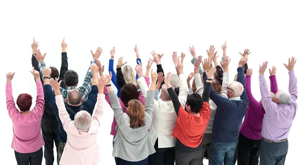 Ovanifrån. grupp av olika vuxna som pekar på en vit skärm. — Stockfoto