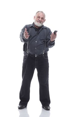 Tam gelişim. Akıllı telefonlu dost canlısı yaşlı bir adam.