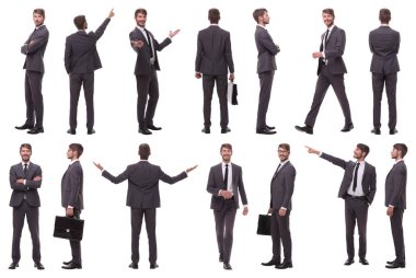 Başarılı bir iş adamının fotoğraflarının kolajı. beyaz üzerine izole