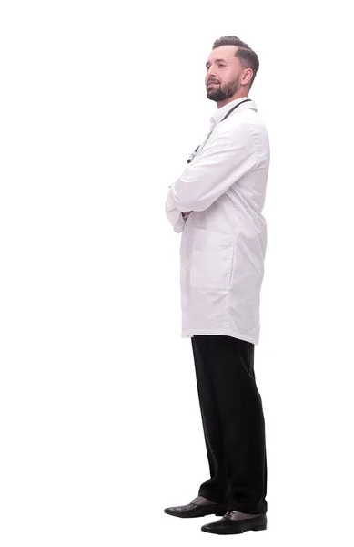 Side view. smiling medical doctor looking at copy space — Stock Photo, Image