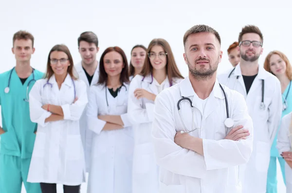 Vista superior. um grupo de médicos sorridentes apontando para você. — Fotografia de Stock