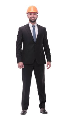 Tam gelişim. Koruyucu kasklı başarılı bir iş adamı.