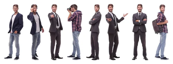 Panoramische collage van zelfgemotiveerde jongeman geïsoleerd op wit — Stockfoto