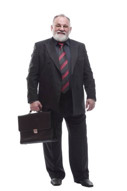Deri çantalı gülümseyen bir iş adamı. bir beyaz üzerinde izole