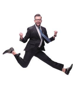 Tam gelişim. Mutlu dans eden genç iş adamı