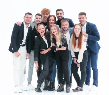 Tam gelişim. Mutlu genç iş adamlarından oluşan bir takım..